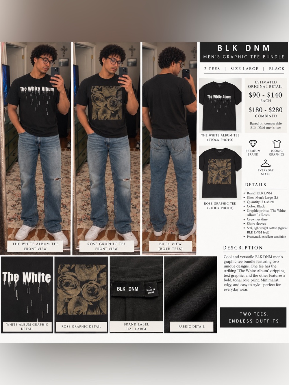 BLK DNM Men’s Black Rose Graphic Tee with White Text